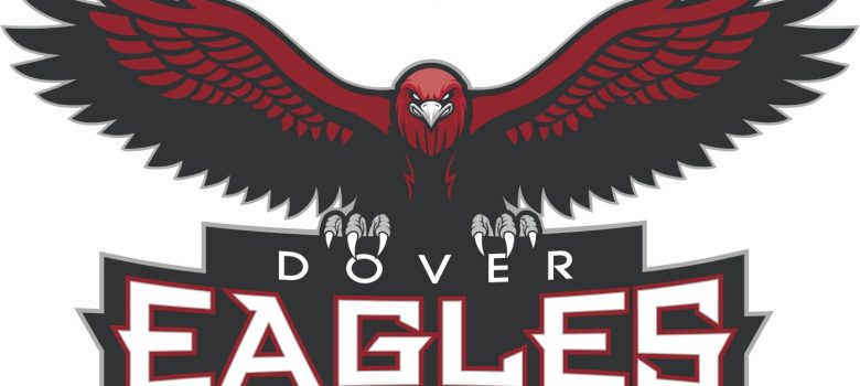 picture of a red and black eagle with its wings spread as its standing on top of black and red text, "DOVER EAGLES"