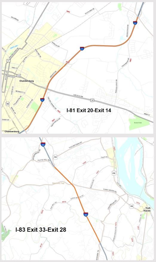 The image consists of two topographic maps with roads and labels showing sections of Interstate highways. Top Map: Displays a segment of I-81 in Pennsylvania, focusing on the area around Chambersburg. The map highlights the stretch between Exit 20 and Exit 14 of I-81. It includes key roads and streets near Chambersburg and surrounding areas. Bottom Map: Shows a portion of I-83 in Pennsylvania, particularly the section between Exit 33 and Exit 28. This map includes nearby towns such as York Haven and shows various connecting local roads. Both maps provide a clear view of these specific highway segments for navigation or planning purposes.