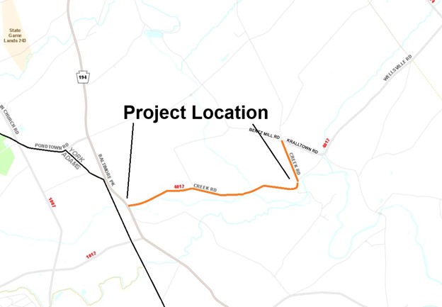 The image is a map highlighting a project location along Creek Road in York County, Pennsylvania. The highlighted section is marked in orange and extends from an intersection near Brook Mill Road and Kralltown Road to a point near Route 194. The map includes surrounding roads such as Wellsville Road and Pondtown Road, along with labeled routes and township boundaries. If you need any modifications or annotations, let me know!